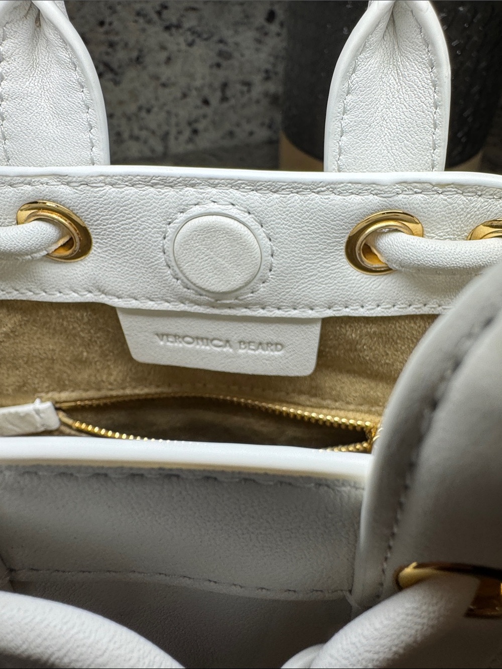 Veronica Beard “Mini Goody Bag” White Leather Drawstring Crossbody Bucket Bag. - Picture 15 of 16